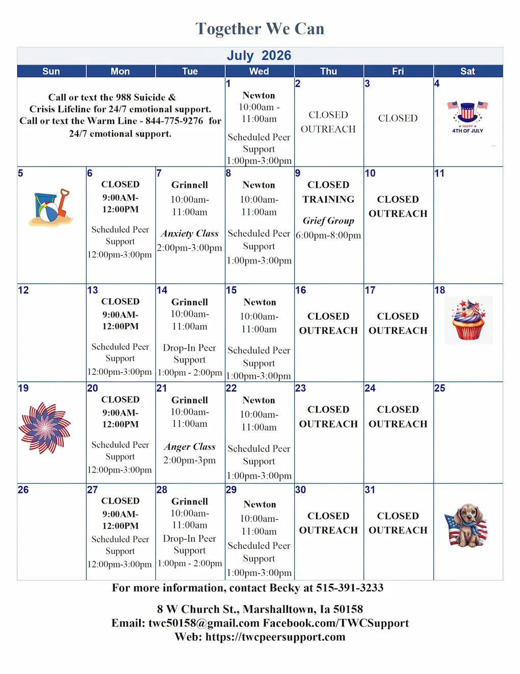 Monthly class calendar
