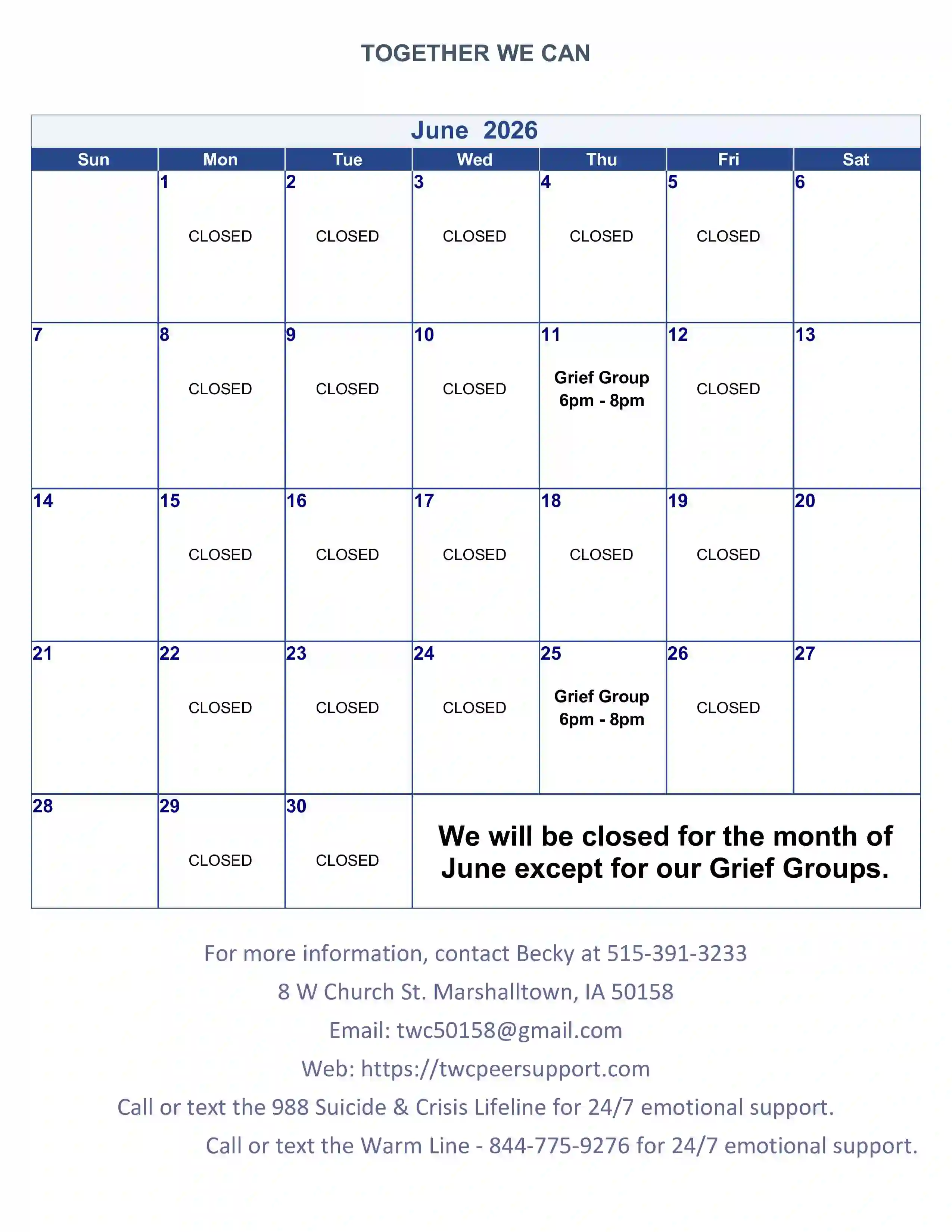 Monthly class calendar